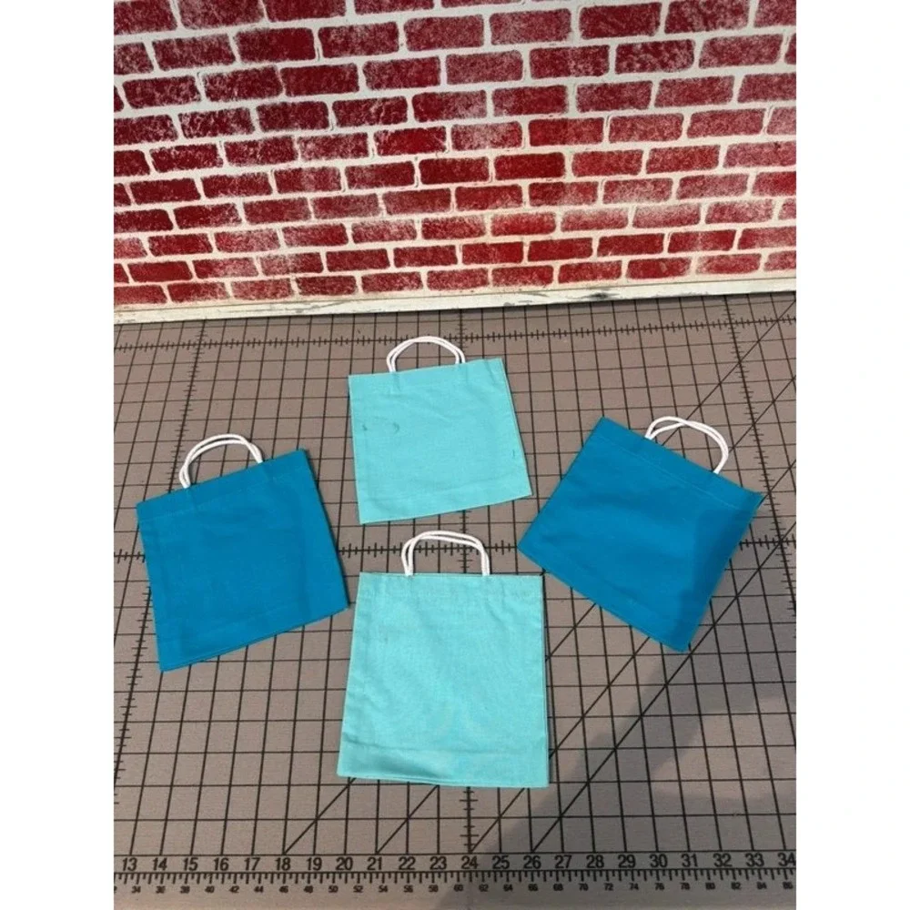 Lot of 4 Small Fabric Gift Bags Rope Handles Blue Aqua Craft Good